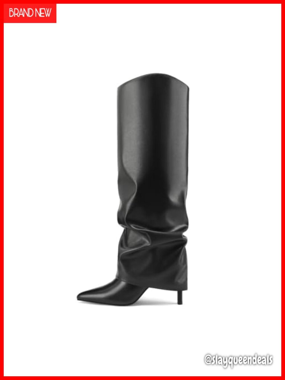 Faux Leather Knee High Fold Over Boots Pointed Toe Stiletto Heel Slouch